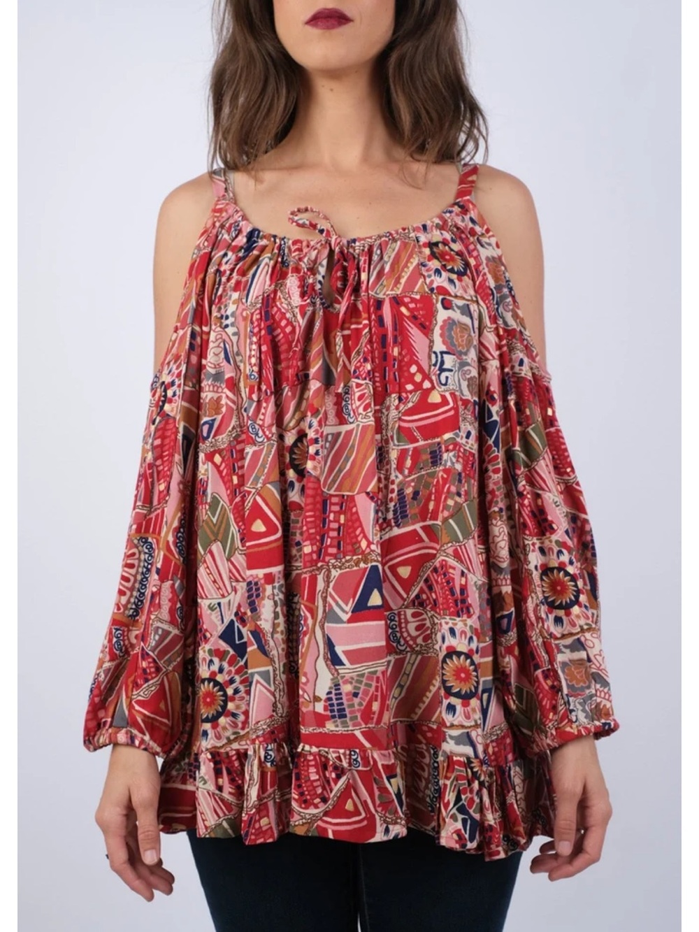 Sacred Threads Red Patchwork Cold-Shoulder Tunic